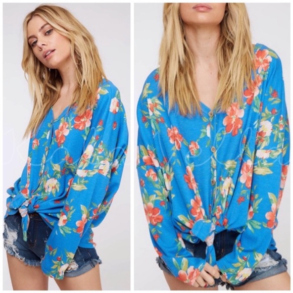 Blue Floral Button Down Top - Picture 2 of 2